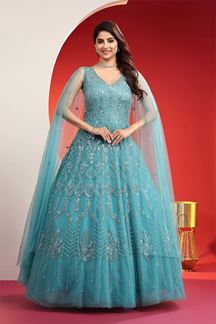 Picture of Lovely Blue Net Designer Gown for Engagement and Reception