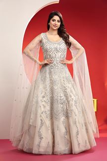 Picture of Delightful Cream Net Designer Gown for Engagement and Reception