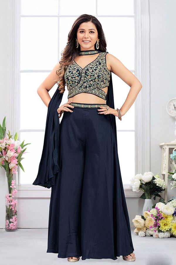 Picture of Dashing Navy Blue Designer Indo-Western Palazzo Suit for Party and Sangeet