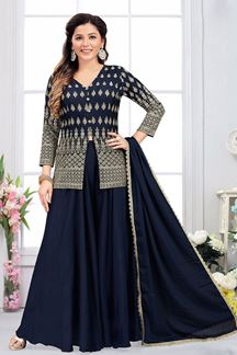 Picture of Dazzling Navy Blue Designer Indo-Western Palazzo Suit for Party and Festive Wear