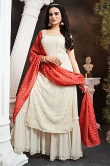 Picture of Impressive Cream Lucknowi Designer Straight Cut Suit for Party and Festival