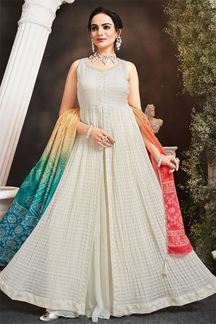 Picture of Astounding Cream Designer Indo-Western Suit with Colorful Bandhani Print Dupatta for Festival