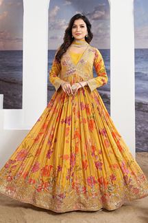 Picture of Pretty Yellow Floral Printed Designer Anarkali Suit for Haldi and Mehendi