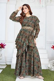Picture of Artistic Designer Indo-Western Palazzo Suit with Drape Style for Haldi and Mehendi 