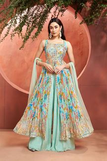 Picture of Dashing Sky Blue Designer Indo-Western Suit for Party and Festive Wear 
