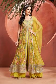 Picture of Stylish Yellow Designer Indo-Western Suit for Haldi and Mehendi