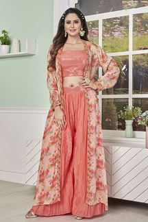 Picture of Astounding Peach Designer Indo-Western Salwar Suit with Long Cape for Engagement and Haldi