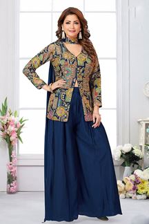 Picture of Surreal Royal Blue Designer Indo-Western Palazzo Suit for Engagement, Reception, and Party
