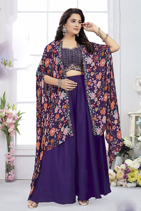 Picture of Classy Purple Designer Indo-Western Palazzo Suit with Cape for Engagement, Reception, and Party