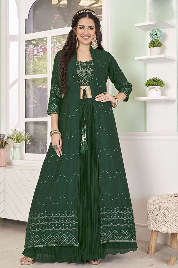 Picture of Creative Dark Green Designer Indo-Western Lehenga Choli for Mehendi and Festive Wear