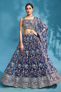 Picture of Lovely Navy Blue Floral Printed Designer Wedding Lehenga Choli for Engagement and Sangeet