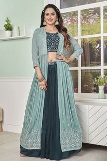 Picture of Glorious Blue Designer Indo-Western Lehenga Choli with Long Cape for Engagement and Reception