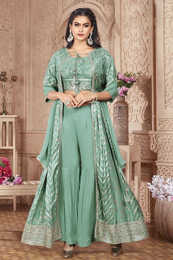 Picture of Fascinating Sea Green Designer Indo-Western Palazzo Suit with Cape for Party, Engagement, and Reception