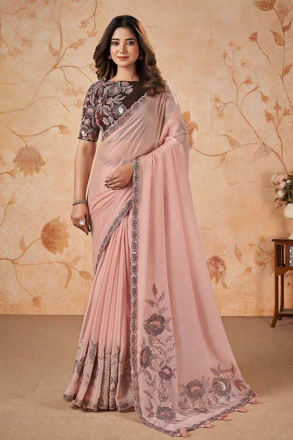 Picture of Aesthetic Peach Designer Saree for Engagement, Reception and Party