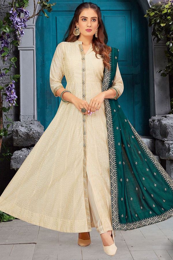 Picture of Heavenly Cream Designer A-Line Salwar Suit for Party and Festivals
