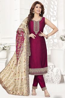 Picture of Awesome Wine Designer Straight Cut Salwar Suit for Party and Festive Wear 
