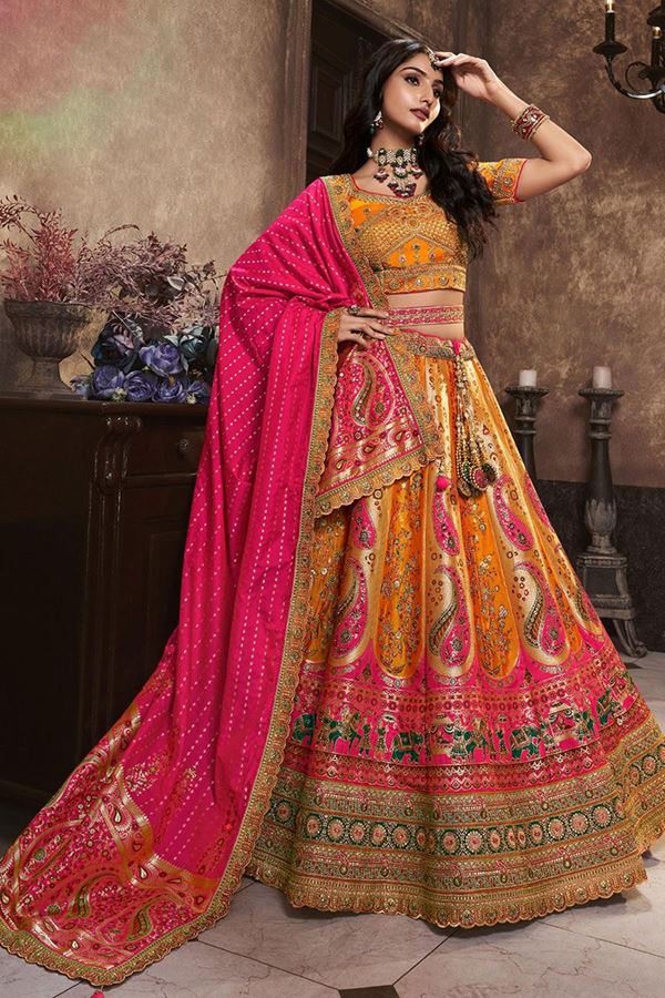 Picture of Captivating Yellow and Pink Designer Wedding Lehenga Choli for Wedding