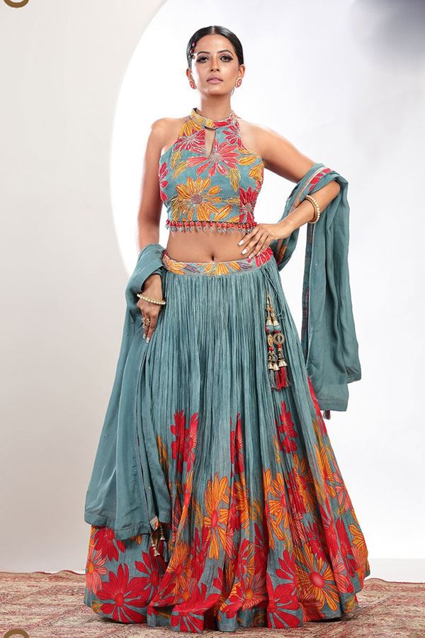 Picture of Appealing Blue and Multi Designer Indo-Western Lehenga Choli for Party