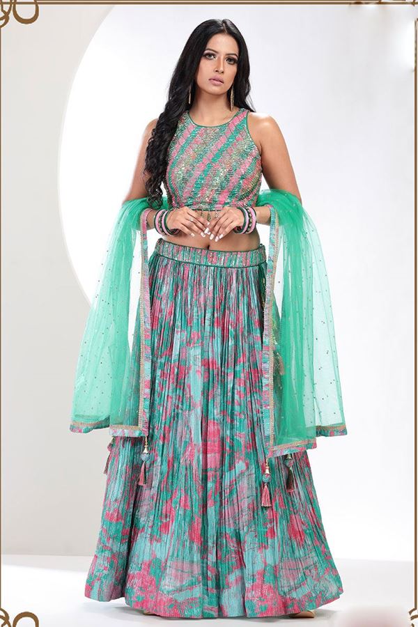 Picture of Exquisite Sea Green Designer Indo-Western Lehenga Choli for Party and Mehendi