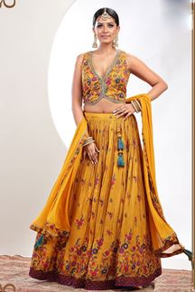 Picture of Lovely Mustard Yellow Designer Indo-Western Lehenga Choli for Party and Haldi