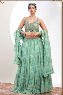 Picture of Artistic Sea Green Designer Indo-Western Lehenga Choli for Party and Mehendi