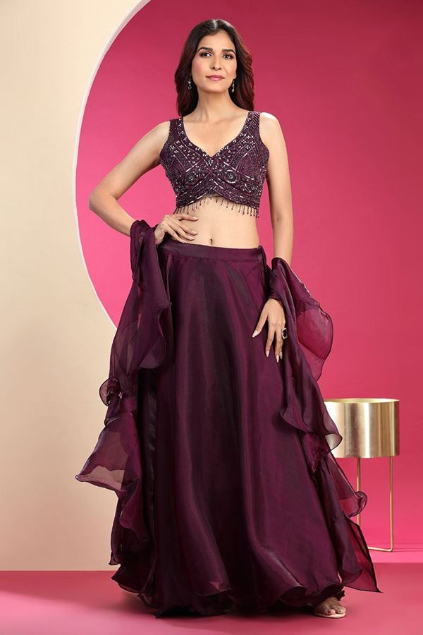 Picture of Impressive Wine Designer Indo-Western Lehenga Choli for Party