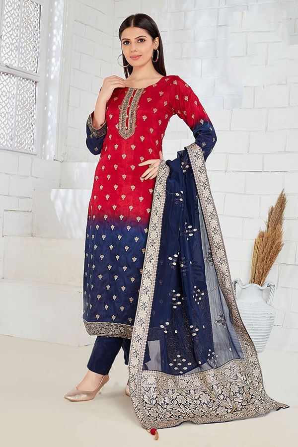 Picture of Splendid Red and Blue Designer Straight Cut Suit for Party