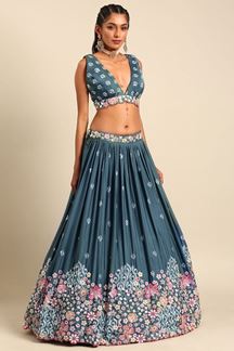 Picture of Delightful Teal Blue Designer Indo-Western Lehenga Choli for Sangeet and Reception