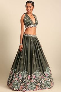 Picture of Appealing OliveGreenDesigner Indo-Western Lehenga Choli for Sangeet and Reception