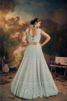Picture of Flawless Sky Blue Designer Indo-Western Lehenga Choli for Wedding and Reception