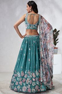 Picture of Lovely Turquoise Blue Designer Indo-Western Lehenga Choli for Engagement, and Reception