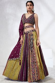 Picture of Captivating Mustard and Burgundy Designer Indo-Western Lehenga Choli for Engagement, and Reception