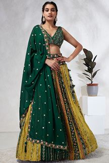 Picture of Smashing Mustard and Green Designer Indo-Western Lehenga Choli for Engagement, and Reception