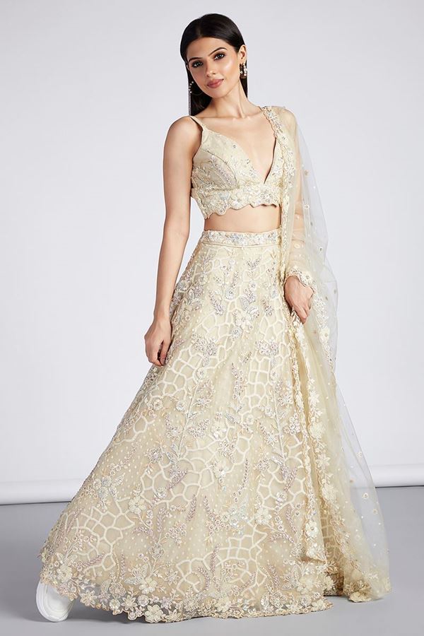 Picture of Fascinating Cream Designer Indo-Western Lehenga Choli for Engagement, and Reception