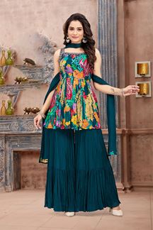 Picture of Breathtaking Multi and Teal Designer Gharara Suit for Party