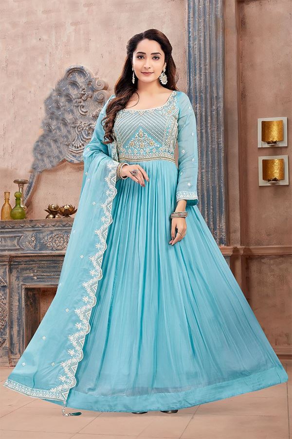 Picture of Stylish Sky Blue Designer Anarkali Suit for Party and Festivals