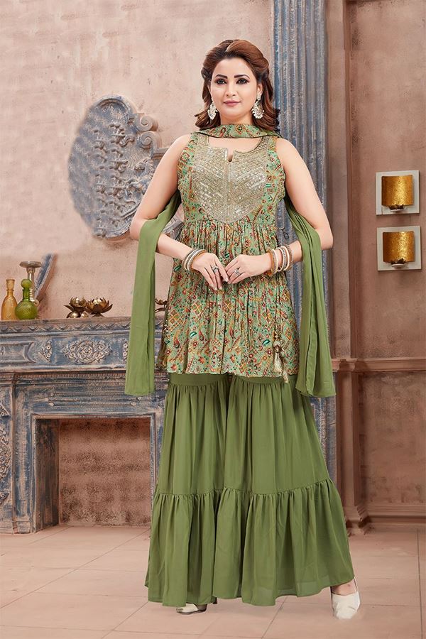 Picture of Glorious Pista Green Designer Gharara Suit for Party and Mehendi