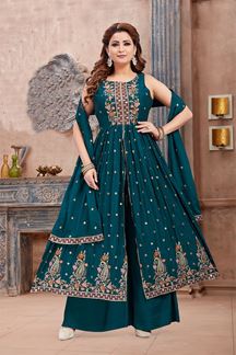 Picture of Astounding Teal Designer Palazzo Suit for Party