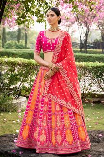 Picture of Creative Orange and Pink Banarsi Silk Designer Bridal Lehenga Choli for Wedding 