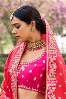 Picture of Creative Orange and Pink Banarsi Silk Designer Bridal Lehenga Choli for Wedding 