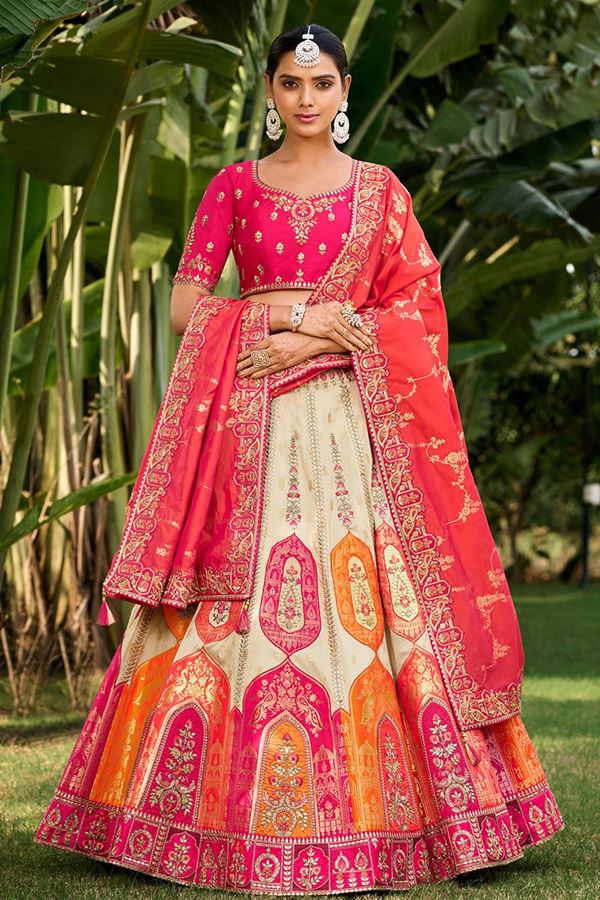 Picture of Captivating Cream and Orange Designer Lehenga Choli for Wedding and Reception