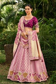 Picture of Outstanding Peach and Purple Banarasi Silk Designer Lehenga Choli for Engagement and Reception