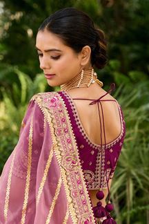 Picture of Outstanding Peach and Purple Banarasi Silk Designer Lehenga Choli for Engagement and Reception