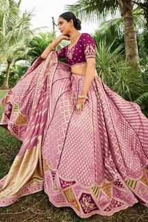 Picture of Outstanding Peach and Purple Banarasi Silk Designer Lehenga Choli for Engagement and Reception