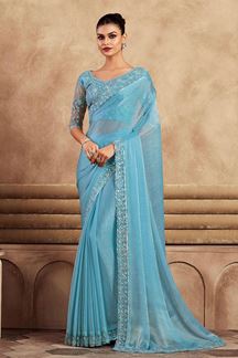 Picture of Lovely Blue Chiffon Designer Saree for Party or Sangeet