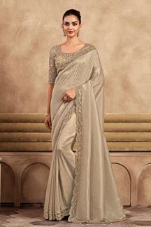 Picture of Spectacular Beige Silk Designer Saree for Party or Engagement