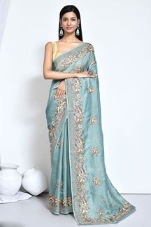 Picture of Royal Blue Floral Work Designer Saree for Party and Festivals