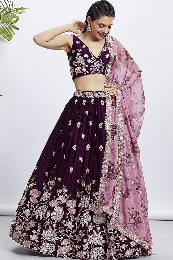 Picture of Creative Burgundy Designer Indo-Western Lehenga Choli for Sangeet and Reception