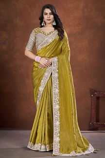 Picture of Bollywood Banarasi Crush Silk Designer Saree for Haldi and Party
