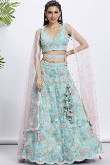 Picture of Beautiful Turquoise Blue Designer Indo-Western Lehenga Choli for Engagement and Reception